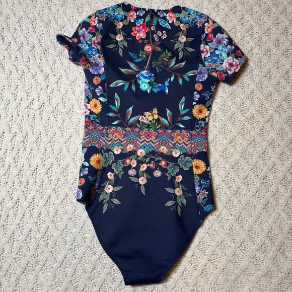 NWOT Johnny Was Floral Zip Rash Guard One-Piece‎ Swimsuit Navy Multicolor XS - Picture 7 of 8